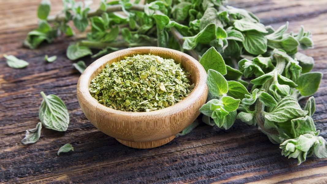Dried Oregano in wooden bowl